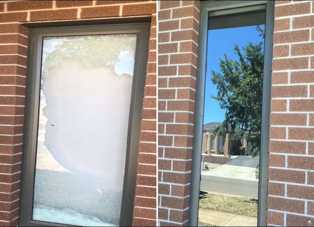 Broken window panel beside the new replacement glass panel