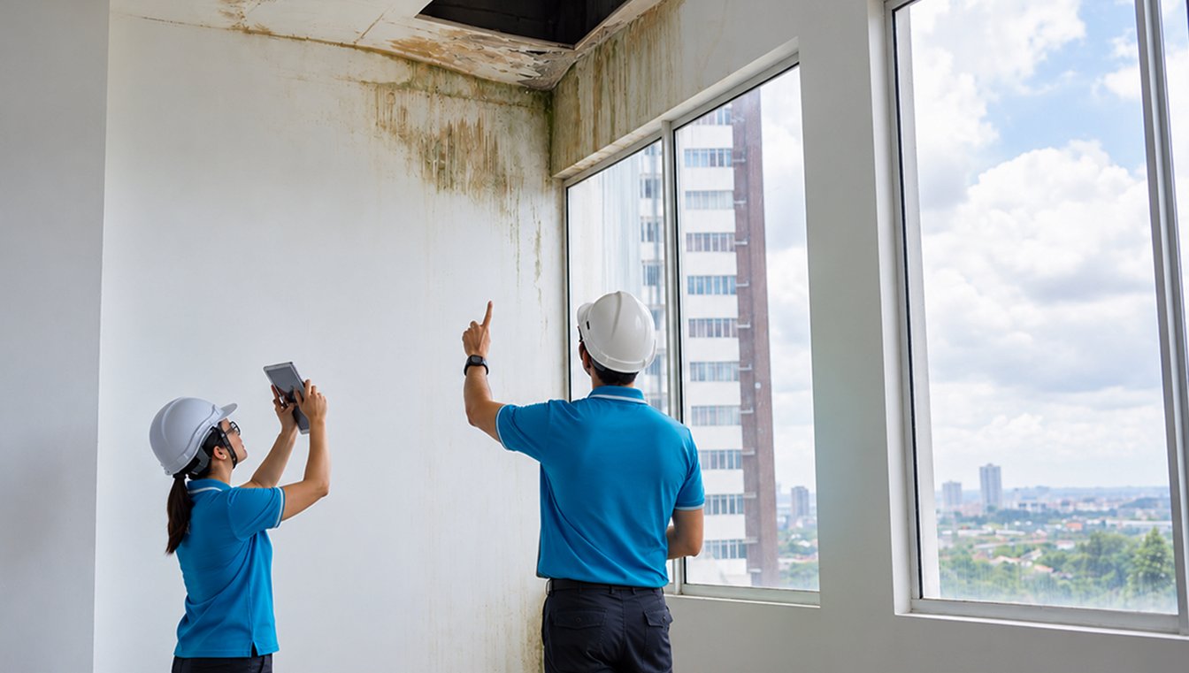 Two Quick Replace technicians inspecting water damage on a ceiling beside large windows