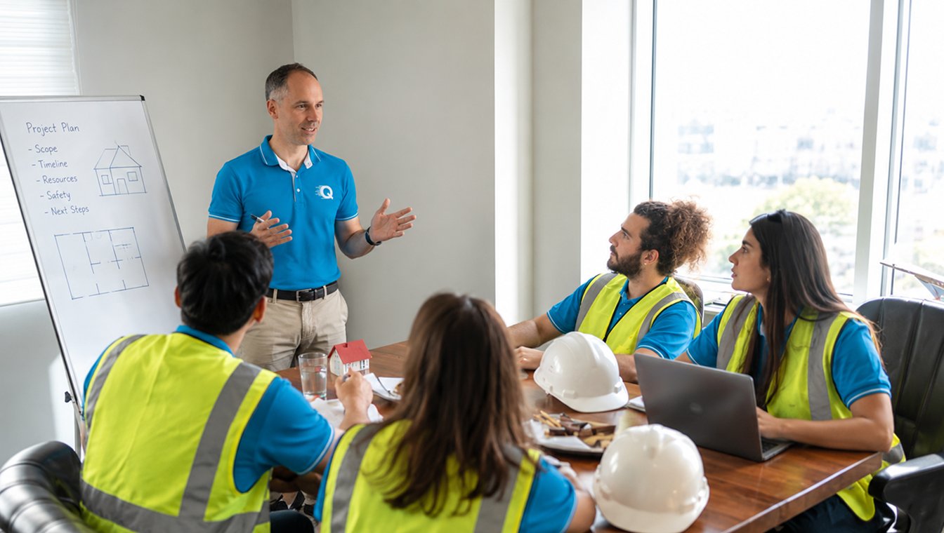 Quick Replace staff in hi-vis vests planning a job around a meeting table