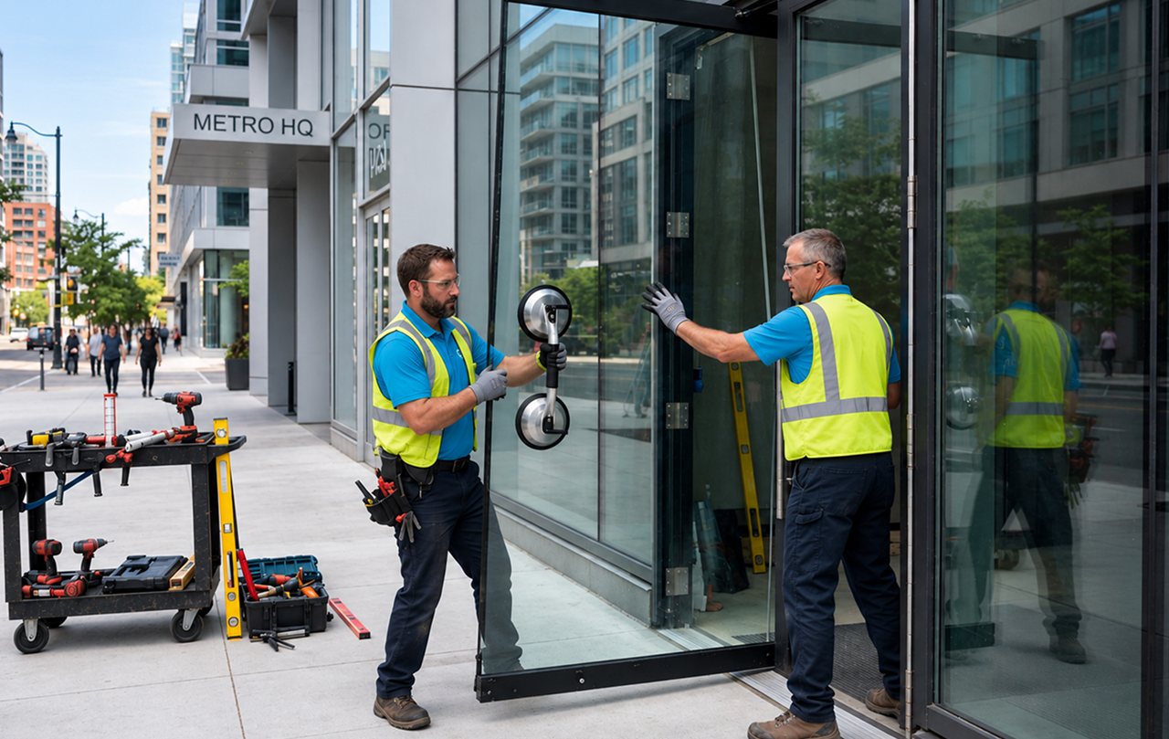 Glazier fitting a large glass panel to a commercial building shopfront