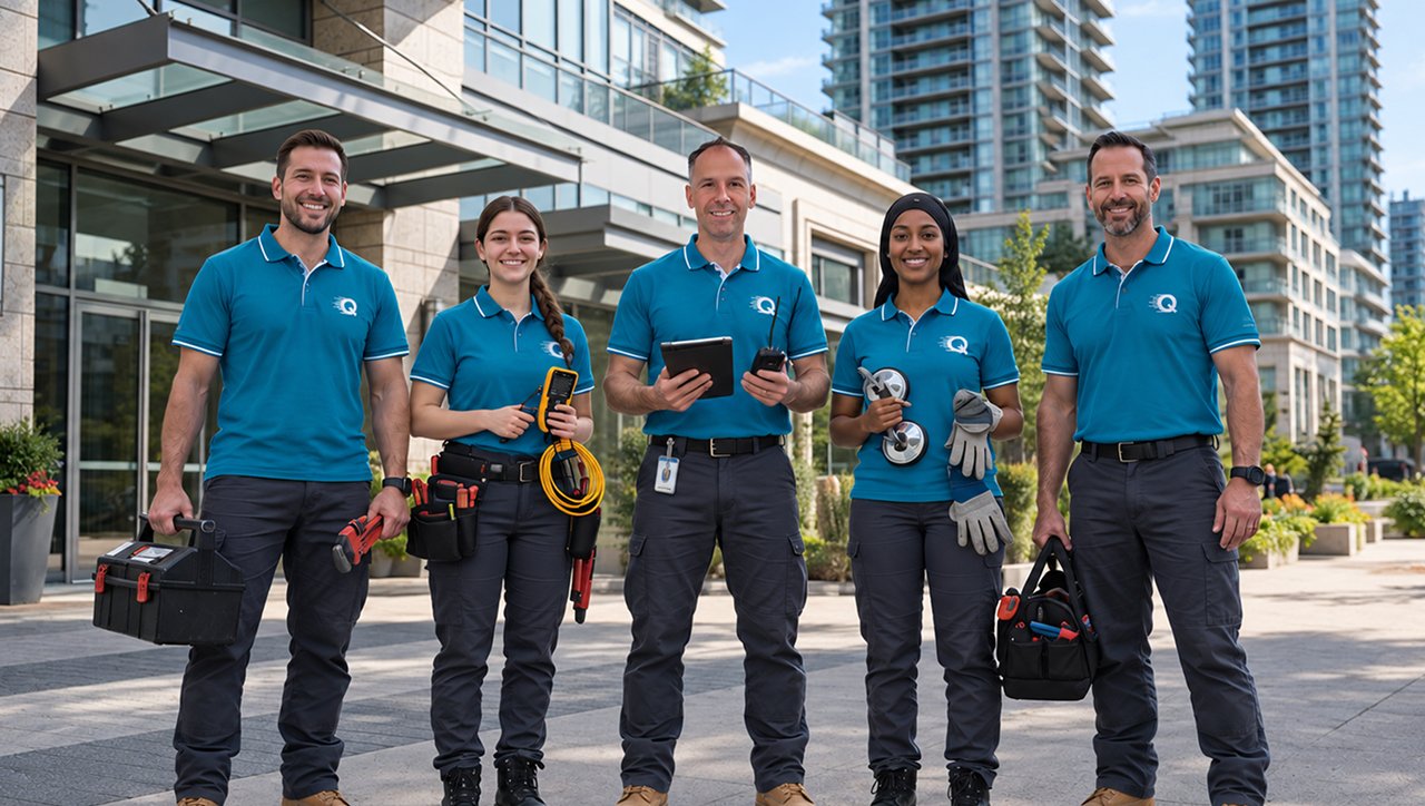 The Quick Replace team standing outside a residential apartment building
