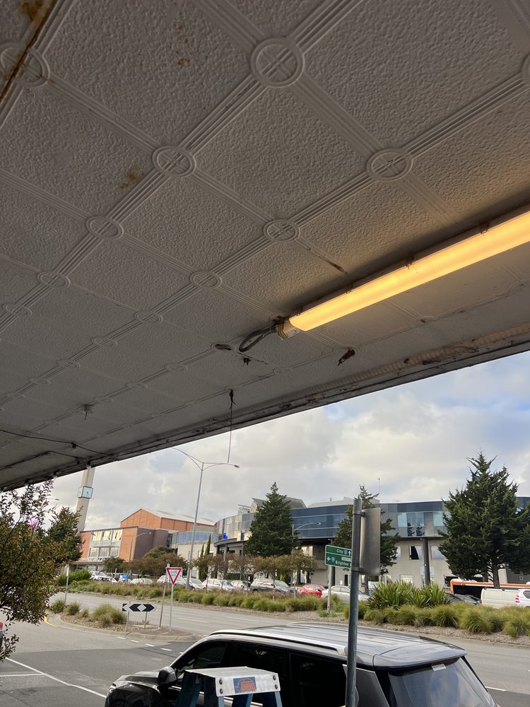 Shop verandah ceiling after an old sign was removed