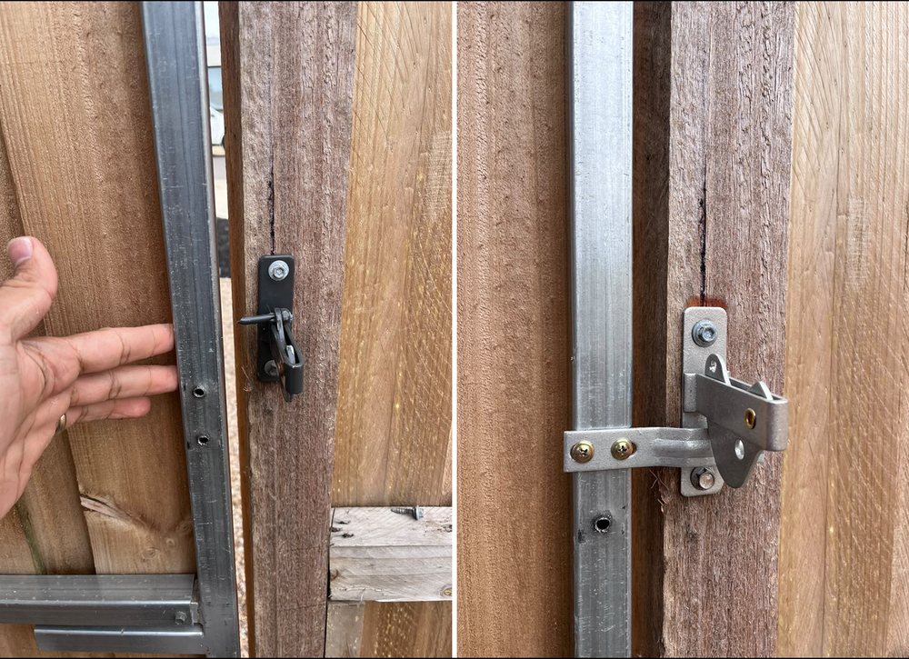 Broken timber gate latch beside the new gate lock