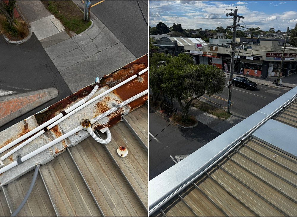 Rusted metal roof flashing beside the new replacement flashing