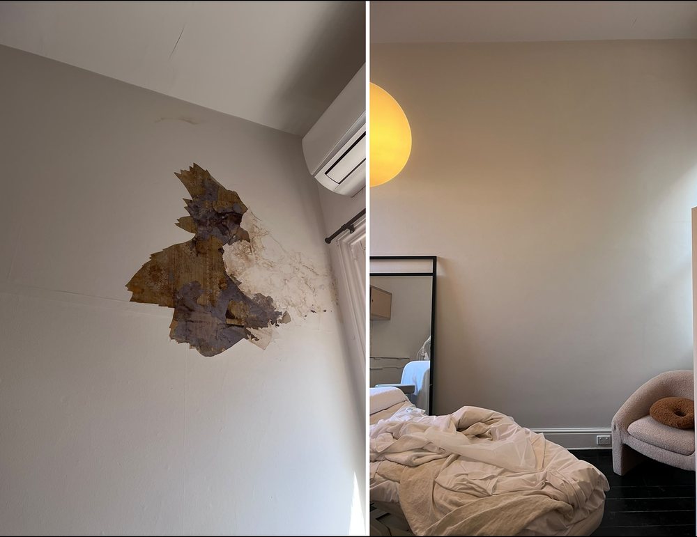 Water-damaged plaster on a bedroom wall beside the repaired wall